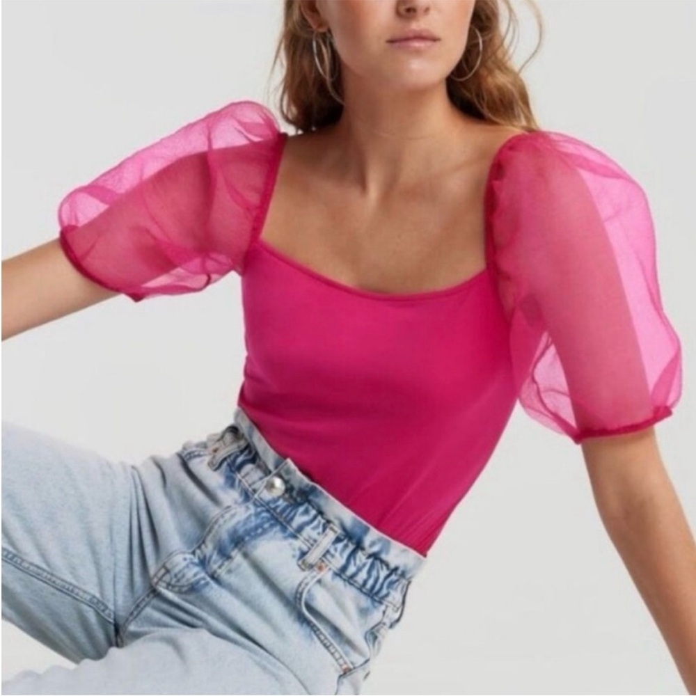 House of Harlow 1960 Pink Puff Sleeve Ruffled Blouse
